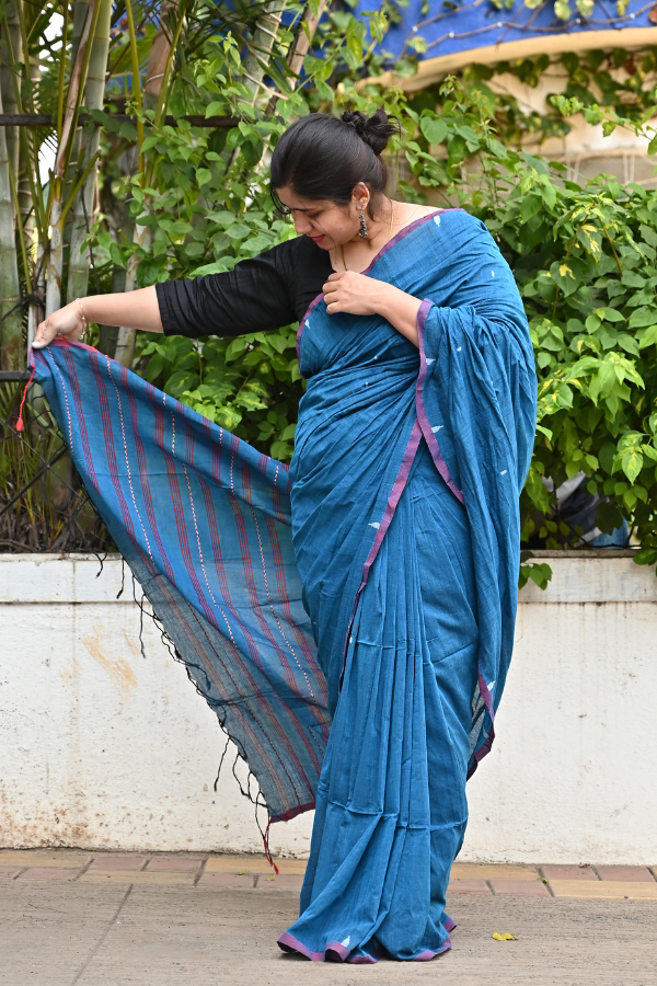 Blue ink Handwoven cotton jamdani saree