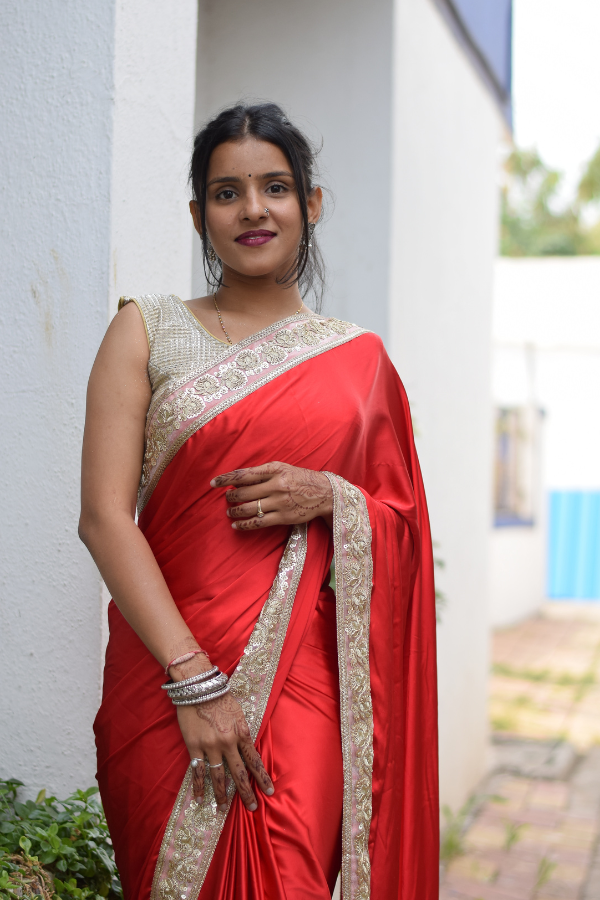 red satin saree look | satin saree with blouse | satin sarees 