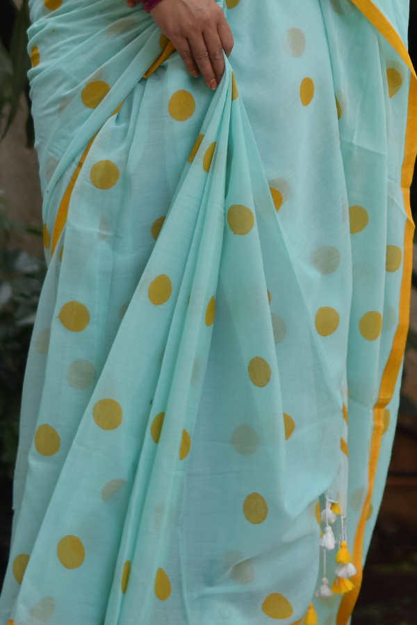 Pastel Green Handblock Printed Pure Cotton Saree