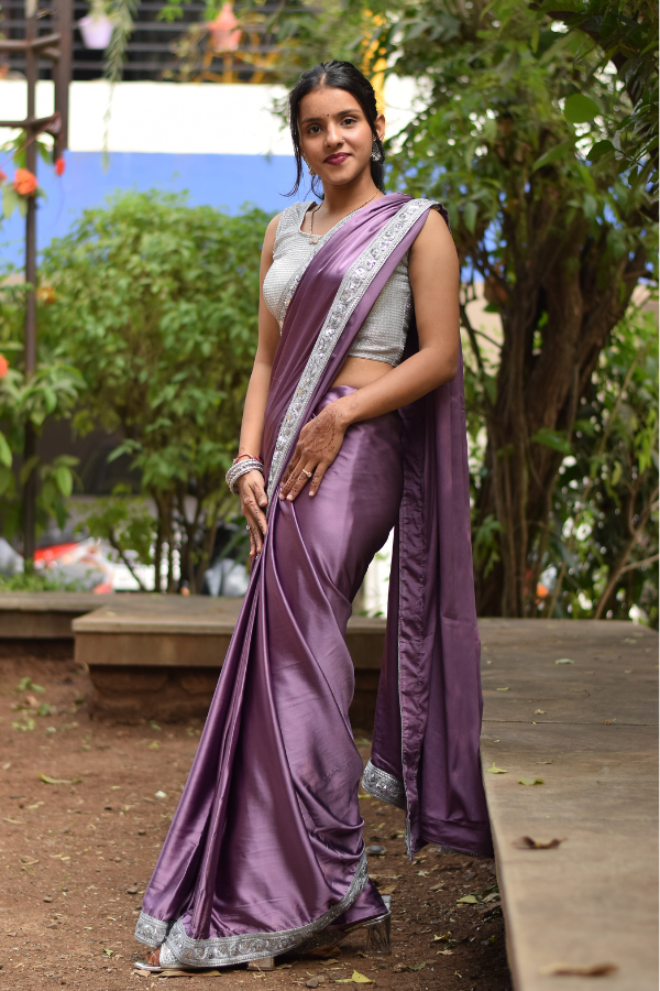 satin saree design | satin saree blouse | purple satin saree 