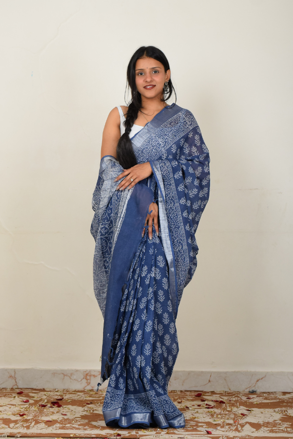 linen saree india | pure linen saree | blue linen saree  