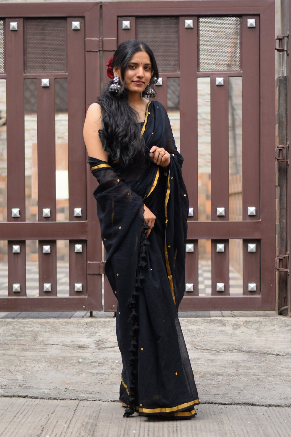 Black Pure Cotton Saree With Sequins Work