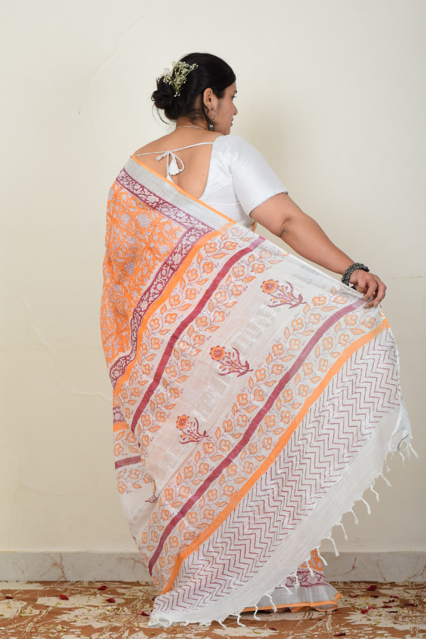 blockprinted linen saree | sarees online | zari saree