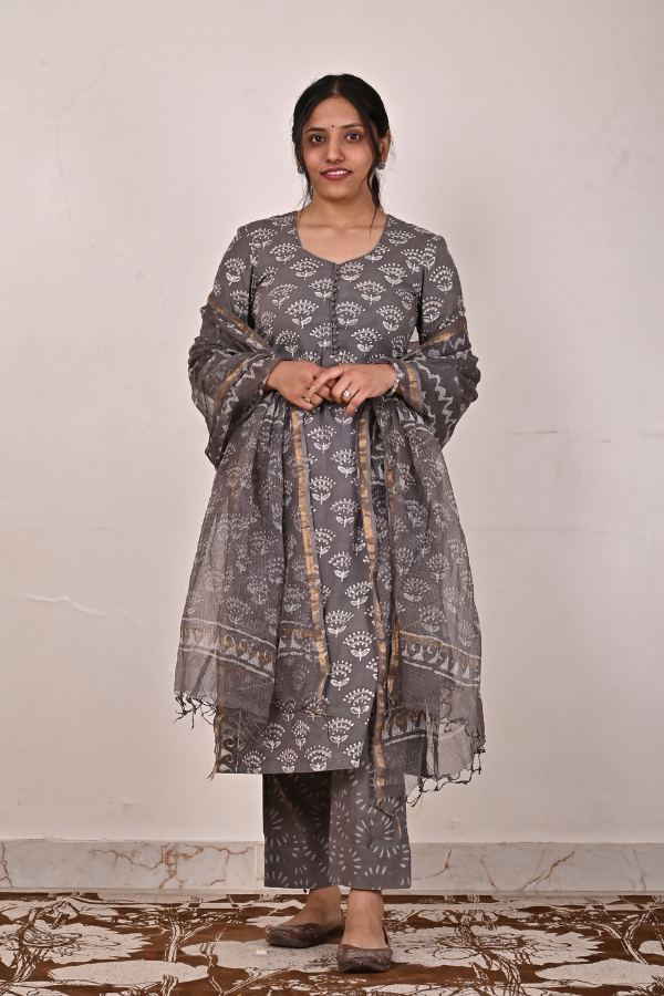 Mud Brown Hand-Block Printed Cotton Kurta Set - Pack Of 3