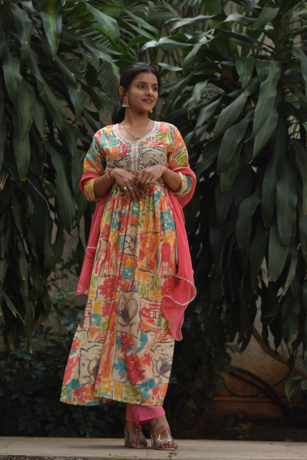 Floral printed kurta set | floral printed kurta set with dupatta | muslin kurta set 