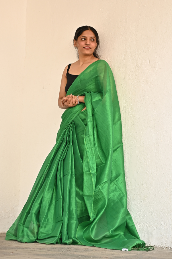 Dark Green Pure Handwoven Tissue Saree