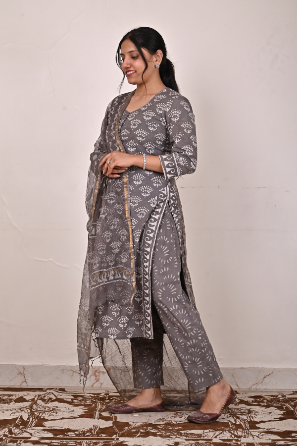 Mud Brown Hand-Block Printed Cotton Kurta Set - Pack Of 3