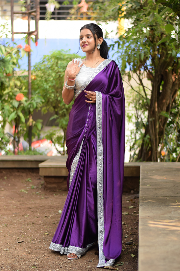 urple satin saree look | satin saree with blouse | satin sarees 