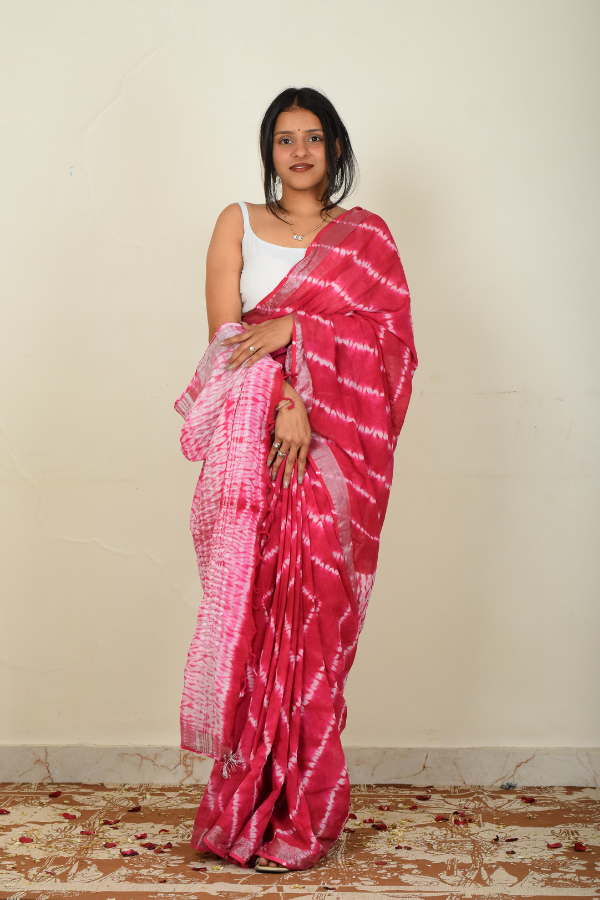 linen saree india | pure linen saree | pink bandhani linen saree  