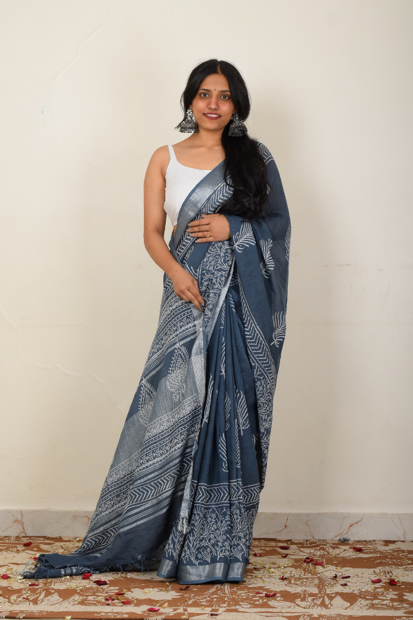 linen zari saree | linen saree designs | blockprinted linen saree online 