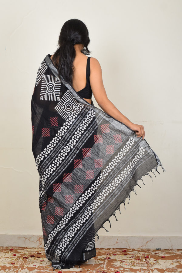 linen zari saree | linen saree designs | blockprinted linen saree online 