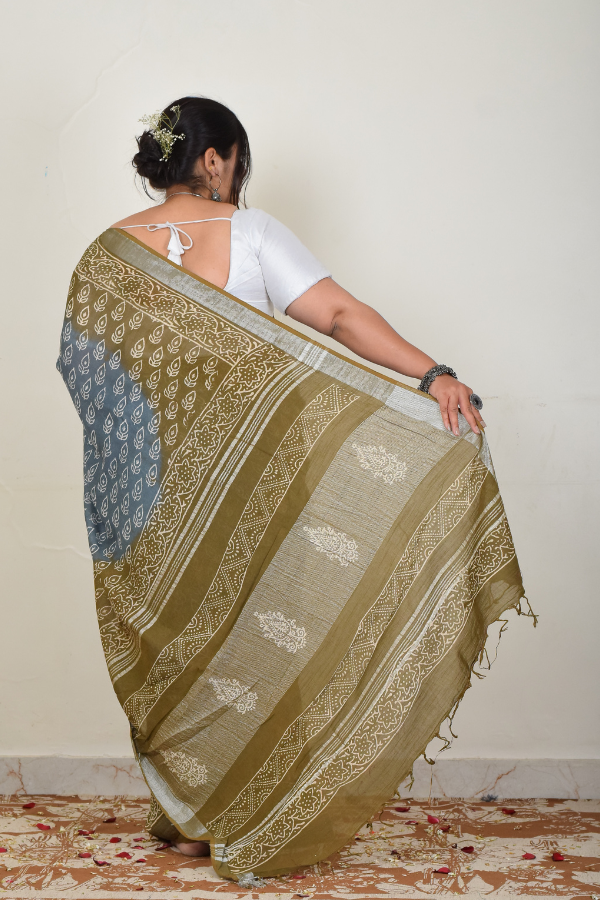 blockprinted linen saree | sarees online | zari saree