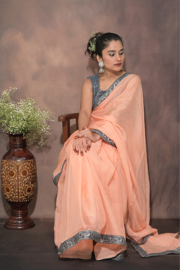 organza saree peach | organza saree design | organza saree for women 