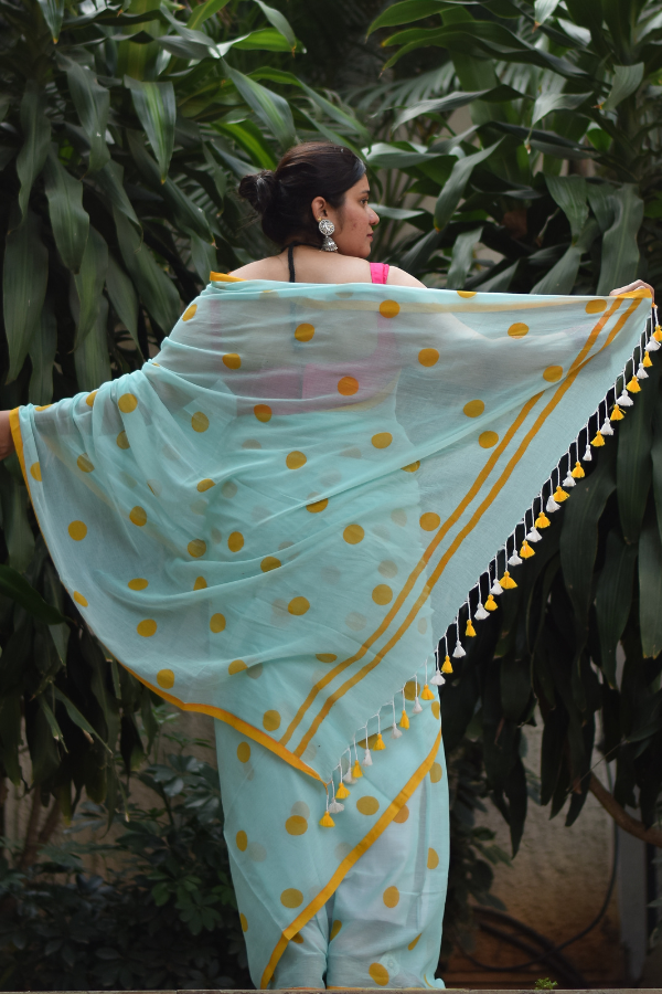 Pastel Green Handblock Printed Pure Cotton Saree