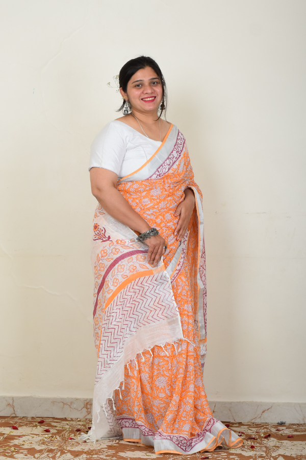 linen saree india | pure linen saree | orange linen saree  