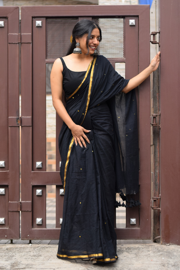 Black Pure Cotton Saree With Sequins Work