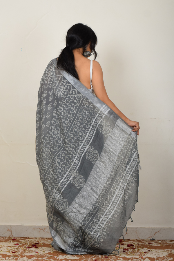 blockprinted linen saree | sarees online | zari saree