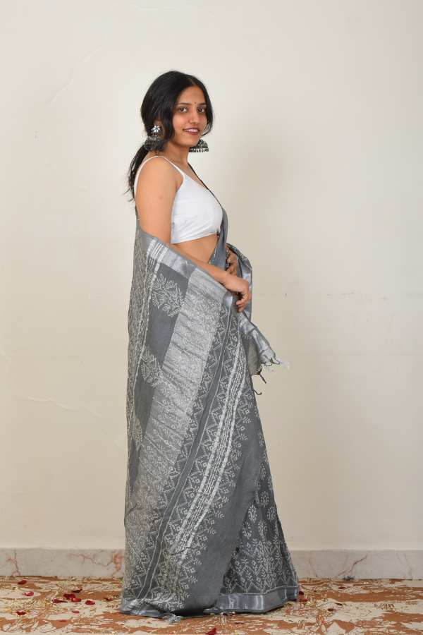 linen saree india | pure linen saree | grey linen saree  