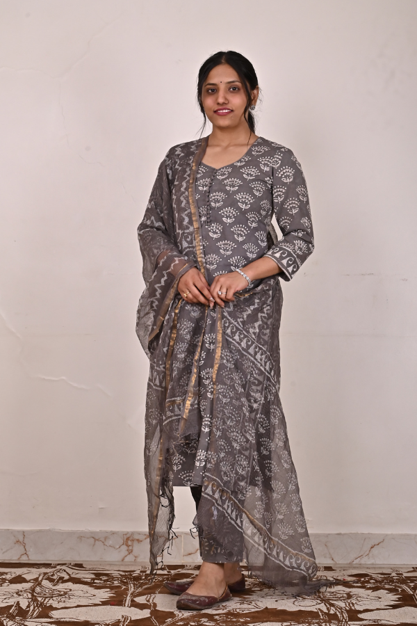 Mud Brown Hand-Block Printed Cotton Kurta Set - Pack Of 3