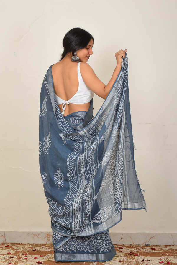 blockprinted linen saree | sarees online | zari saree