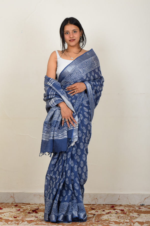 linen saree online | handwoven saree | blue saree