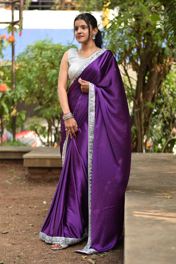 satin saree design | satin saree blouse | purple satin saree 