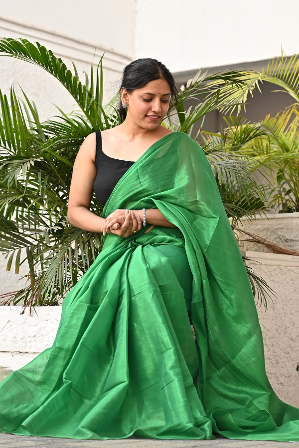 Dark Green Pure Handwoven Tissue Saree