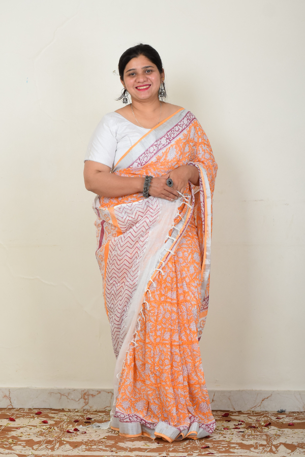 linen saree online | handwoven saree | orange saree