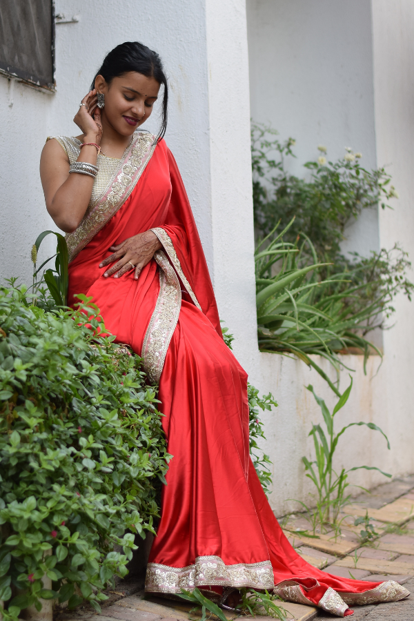 red saree | satin saree party wear | satin saree design