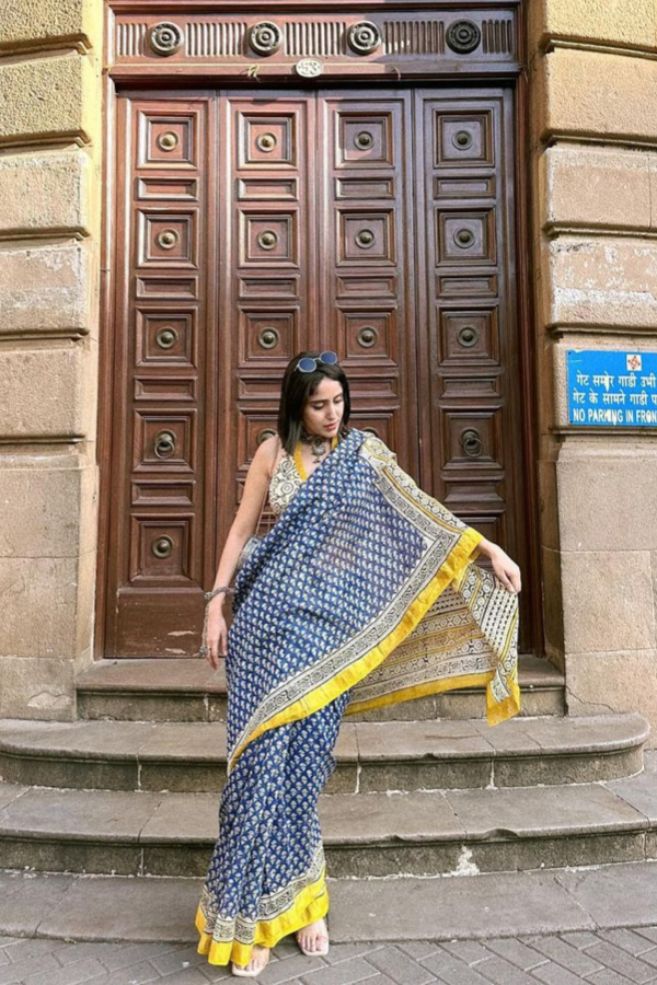 Sona Pure Hand-block Printed Maheshwari Silk Saree