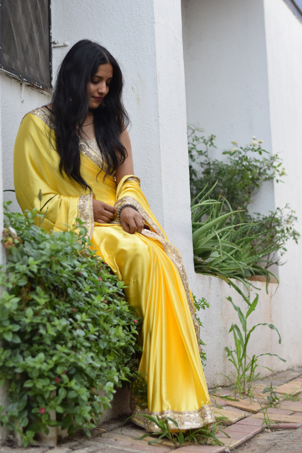 yellow satin saree look | satin saree with blouse | satin sarees 