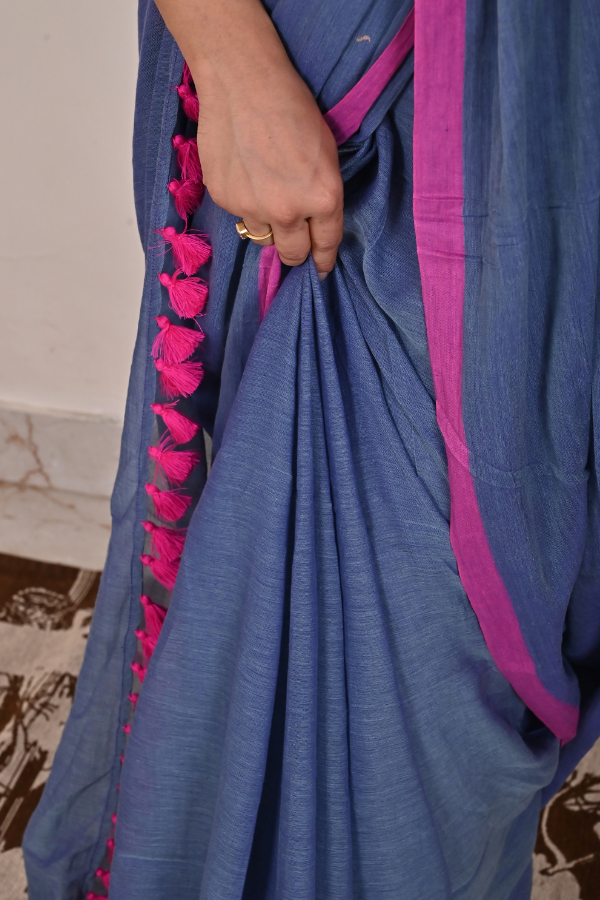 Pigeon blue - Pink Pure Cotton Saree