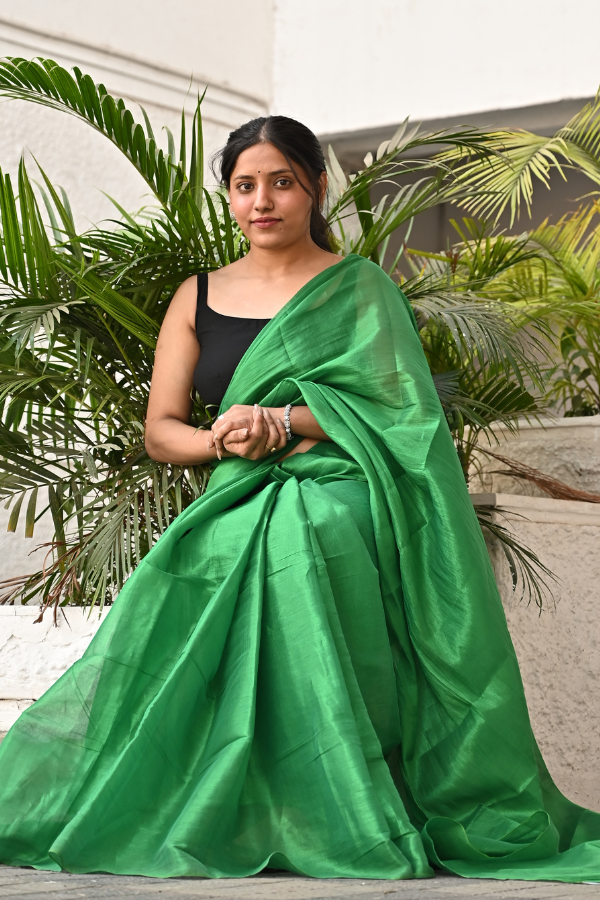 Dark Green Pure Handwoven Tissue Saree