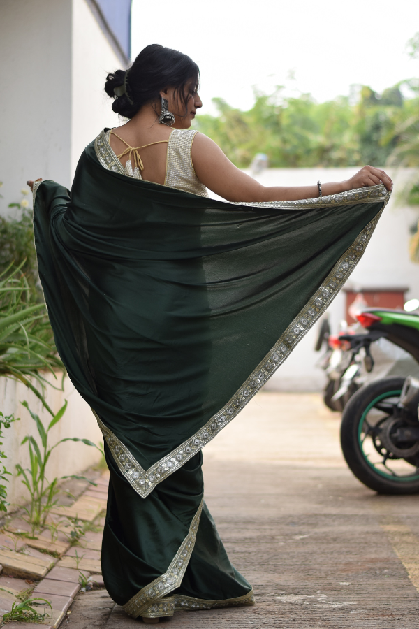 green saree | satin saree party wear | satin saree design