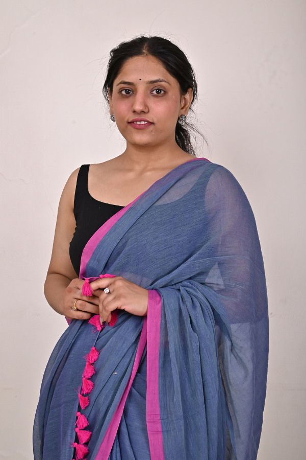 Pigeon blue - Pink Pure Cotton Saree