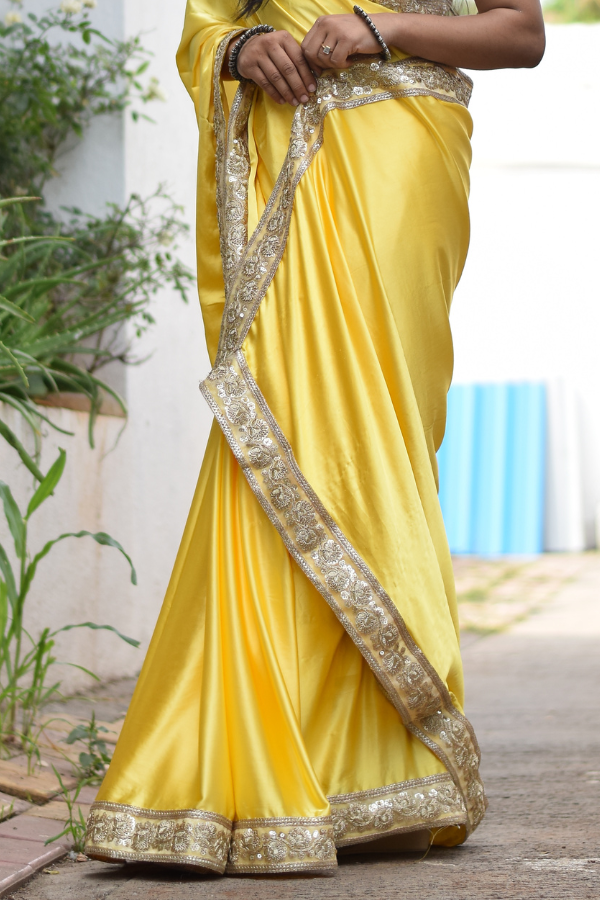 satin saree design | satin saree blouse | yellow satin saree 