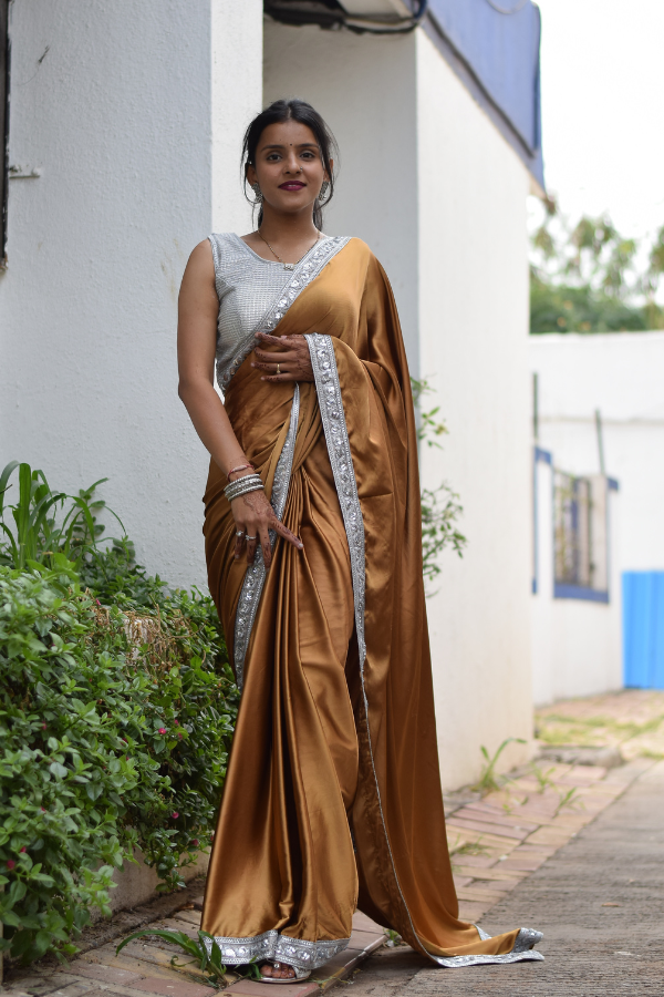 satin saree design | satin saree blouse | brown satin saree 