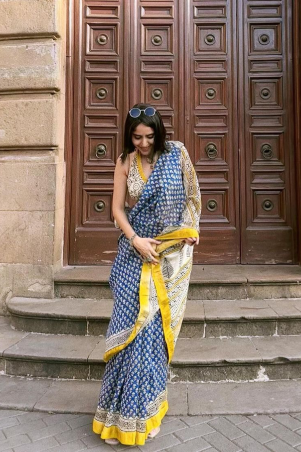 Sona Pure Hand-block Printed Maheshwari Silk Saree