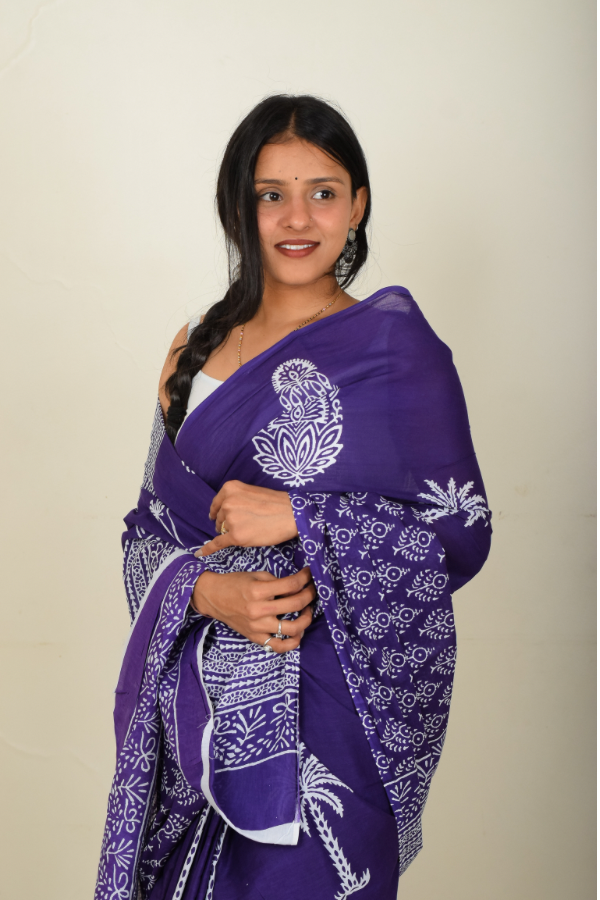 blockprint cotton saree | mulmul saree 