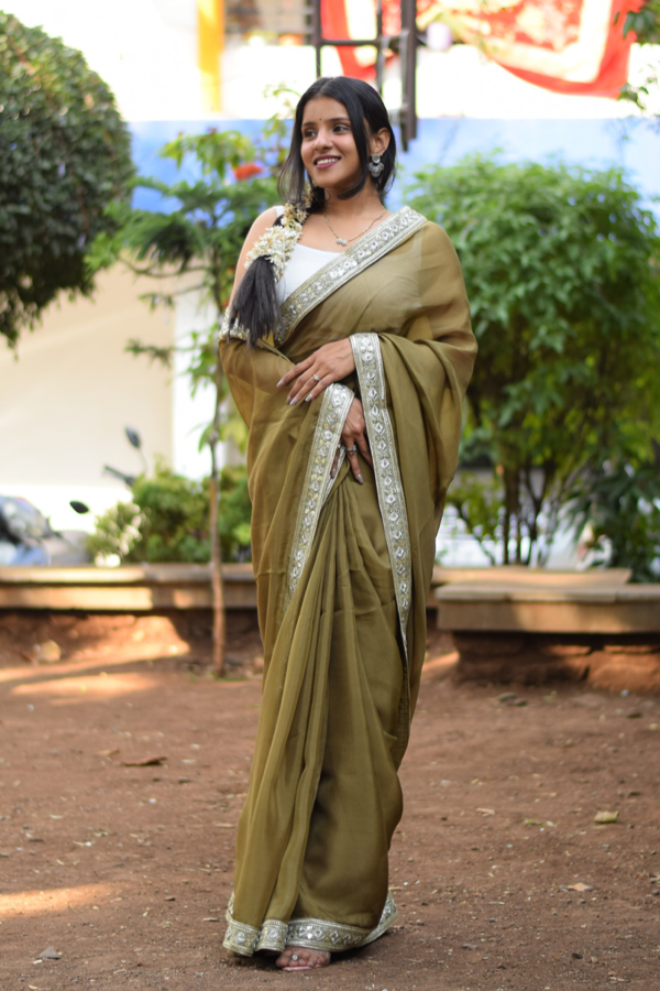 organza saree olive | organza saree design | organza saree for women 