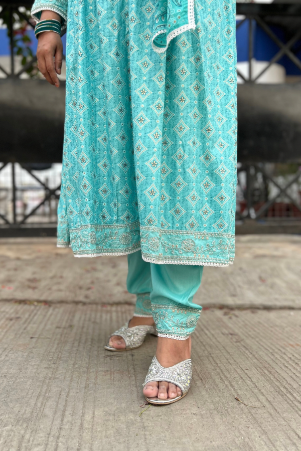 Sky blue soft silk Kurta set with machine embroidery