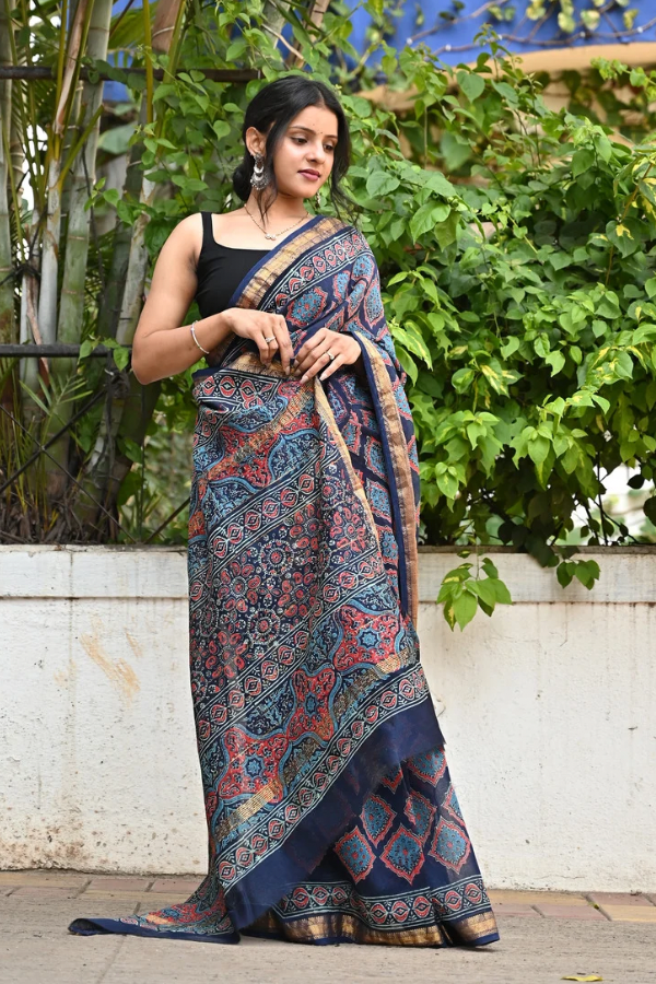 Night-angel Pure Hand-block Printed Maheshwari Silk Saree