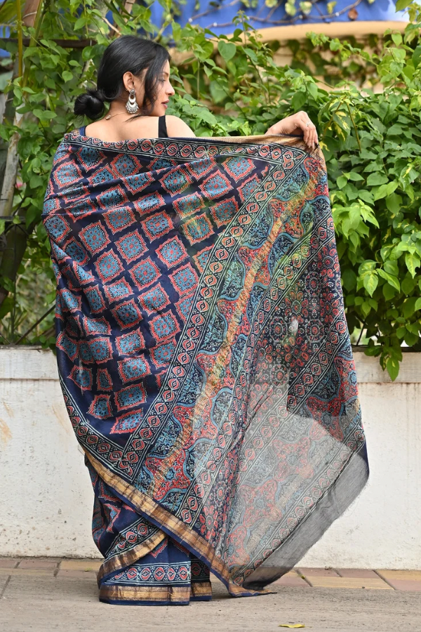 Night-angel Pure Hand-block Printed Maheshwari Silk Saree