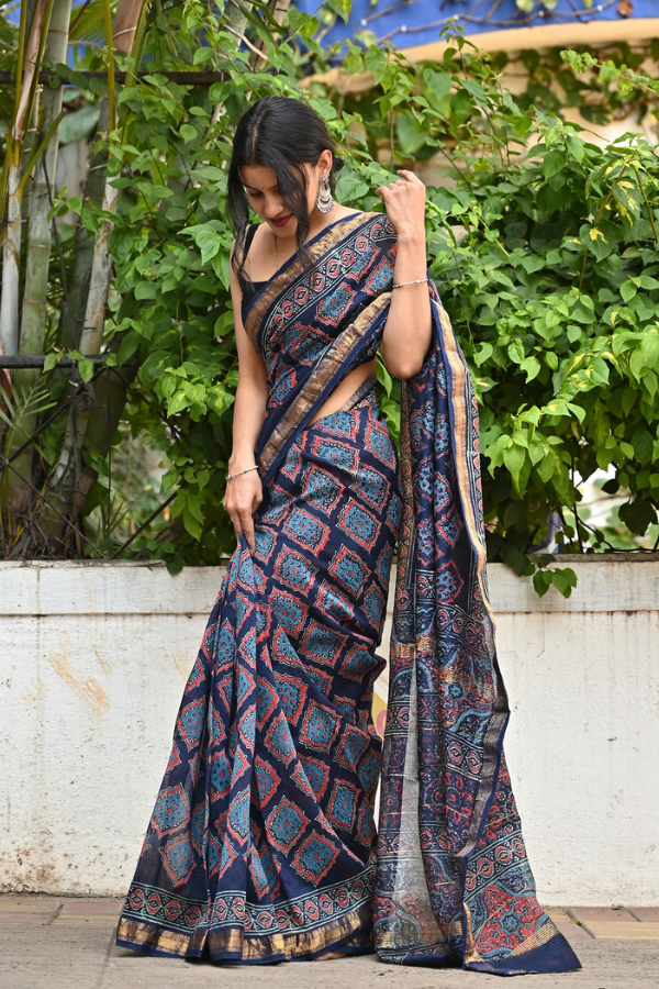 Night-angel Pure Hand-block Printed Maheshwari Silk Saree