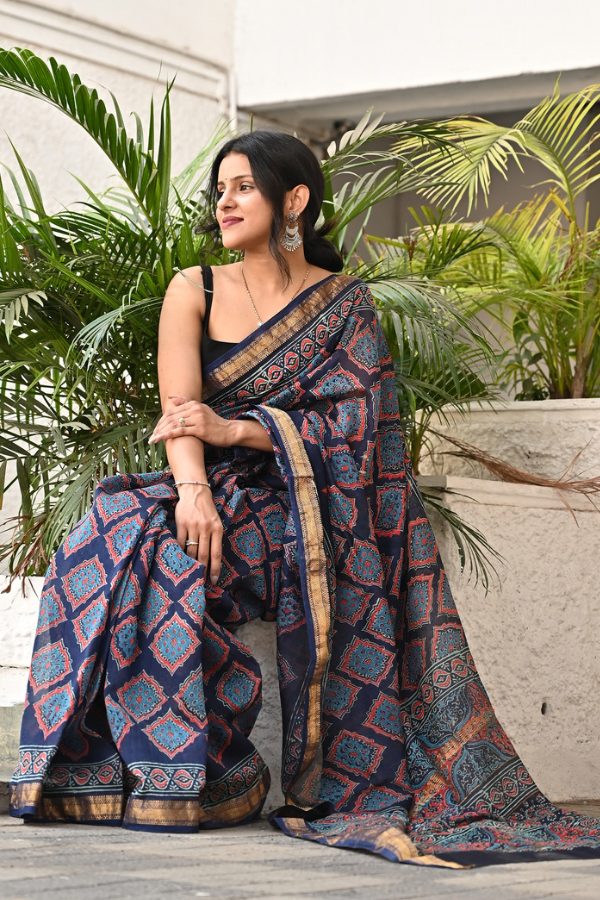 Night-angel Pure Hand-block Printed Maheshwari Silk Saree