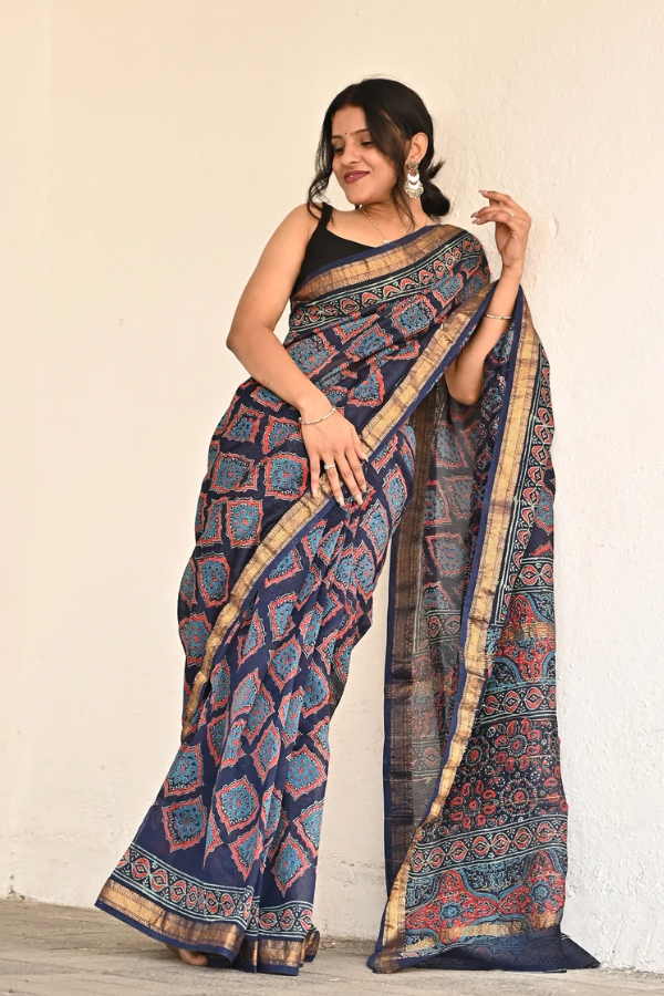 Night-angel Pure Hand-block Printed Maheshwari Silk Saree