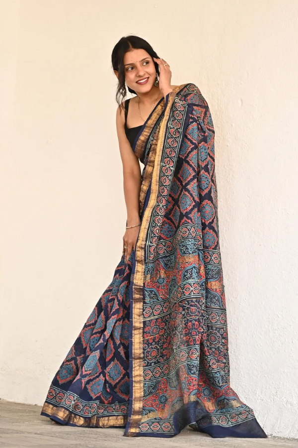 Night-angel Pure Hand-block Printed Maheshwari Silk Saree