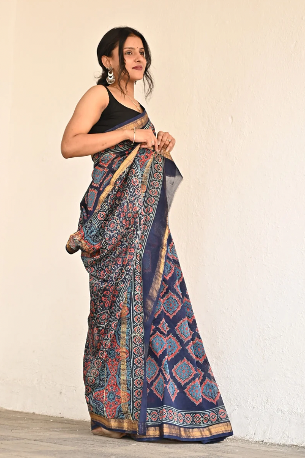 Night-angel Pure Hand-block Printed Maheshwari Silk Saree