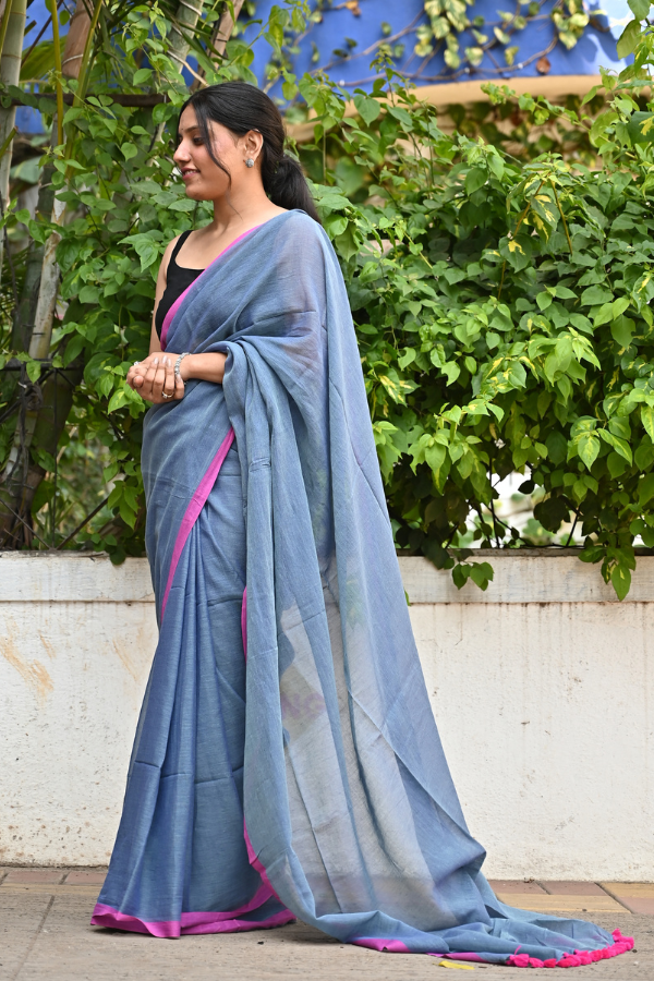 Pigeon blue - Pink Pure Cotton Saree